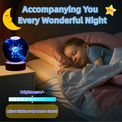 axolotl lamp,3.15 inch 3D K9 Crystal Ball Axolotl Night Light with Wooden Base,16 colors change,remote control,color box,Birthday Christmas axolotl