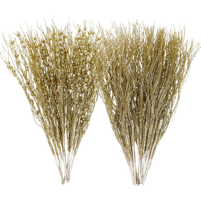 SUPREME XMAS 30 Pack Gold Christmas Tree Ornaments Set, Artificial Glitter Berry Stem Ornaments Christmas Picks Branches for Xmas Tree Sticks Decorations Vase Wreath Holiday Wedding Party Home Decor