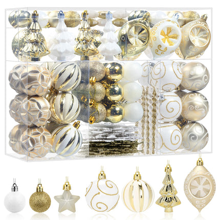 114 Pcs White and Gold Christmas Ball Ornaments Set, Xmas Tree Ornament Bulk Decoration, Shatterproof Decorative Hanging Baubles for Party Holiday Wreath Garland Home Decor