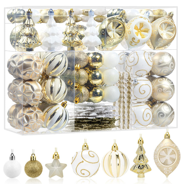 114 Pcs White and Gold Christmas Ball Ornaments Set, Xmas Tree Ornament Bulk Decoration, Shatterproof Decorative Hanging Baubles for Party Holiday Wreath Garland Home Decor