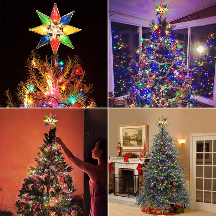 Brizled Christmas Star Tree Topper, 8" Lighted Double-Sided Christmas Tree Topper, 8-Point Multi Color Xmas Tree Topper with 10 Warm Lights, 120V UL Tree Star for Christmas Tree Party Home