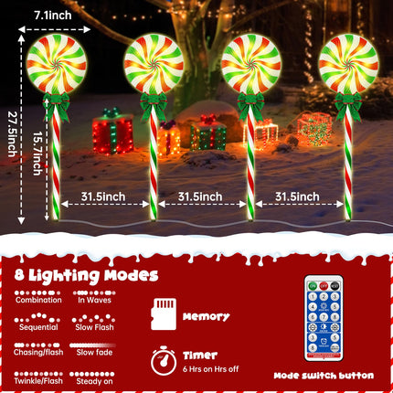 Evoio 4 Pcs Sola Candy Pathway Lights Solar Powered Garden Lights Christmas Decorations, 8 Lighting Modes Christmas Decorations Outdoor Candy Light for Yard Deck Lawn Patio Walkway Courtyard
