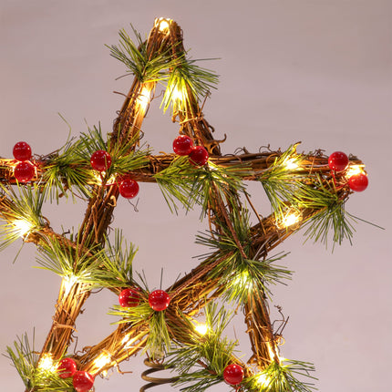 Christmas Tree Topper Lighted, 12" Star Tree Topper with Red Berry and Pine Needle, Battery Operated Christmas Tree Star Topper, Christmas Star Tree Topper with Timing Battery Case