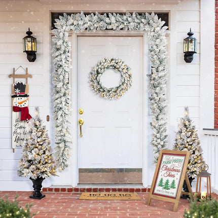 Glitzhome 2PCS Pre-Lit Snow Flocked Christmas Garlands with Warm White LED Lights and Timer for Home Fireplace Office Windows Front Door Wall Christmas Tree - 9 ft