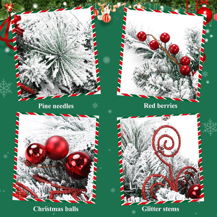 SHACOS 30" Flocked Christmas Teardrop Swag Artificial Snow Pine Spruce Cedar Decorative Swag Red Berries Christmas Balls Pine Cones Swag for Front Door Window Wall Stairs Xmas Decor