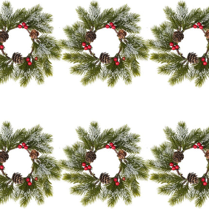 XHXSTORE 6PCS Christmas Candle Rings Christmas Small Wreath 8.26" Artificial Cedar with Pine Cones Farmhouse Wreath Artificial Snowflakes for Front Door Windows Centerpieces Tree Decorations