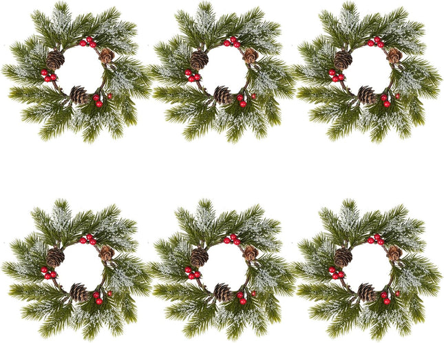 XHXSTORE 6PCS Christmas Candle Rings Christmas Small Wreath 8.26" Artificial Cedar with Pine Cones Farmhouse Wreath Artificial Snowflakes for Front Door Windows Centerpieces Tree Decorations