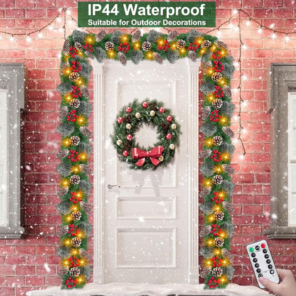 Remote Control 9 Ft Prelit Christmas Garland with Lights 8 Modes Timer 300 Branch Cedar Snowy Bristle 198 Berry 18 Pinecone Battery Operated Christmas Decorations Indoor Outdoor Holiday Mantle Stairs