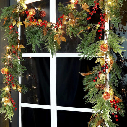6FT Christmas Lighted Garland, Battery Operated Christmas Garland with Lights, Pre Lit Garland with Red Balls for Indoor Home Fireplace Winter Christmas Holiday Year Decoration