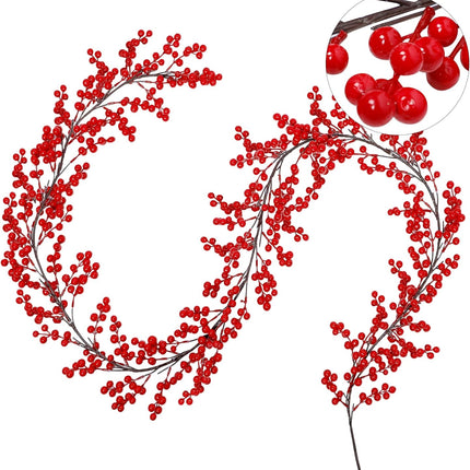 Lulu Home Red Berry Garland, 8.9FT Flexible Artificial Christmas Holly Berry Vine, Winter Berry Garland for Mantle Xmas Tree Window Door Hanging Indoor Outdoor Holiday Decoration