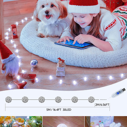 Globe String Lights,10FT 30 LED USB Fairy Lights,8 Modes Crystal Crackle Ball Lights,Waterproof Decorative Christmas Lights for Indoor,Outdoor,Bedroom,Classroom,Wedding,Party,White
