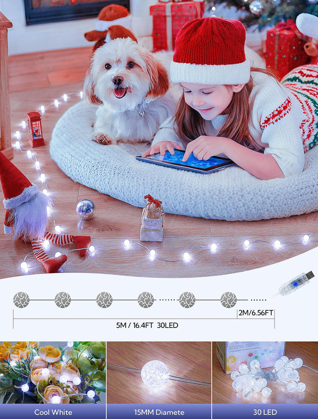 Globe String Lights,10FT 30 LED USB Fairy Lights,8 Modes Crystal Crackle Ball Lights,Waterproof Decorative Christmas Lights for Indoor,Outdoor,Bedroom,Classroom,Wedding,Party,White