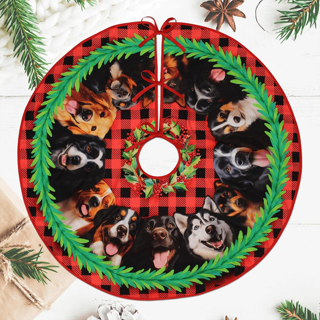 Christmas Dogs Tree Skirt 36 Inches, Dog Lover s, Lace-up Puppy Red Xmas Tree Skirt for Christmas Tree Decor, Christmas Holiday Party Indoor Decor