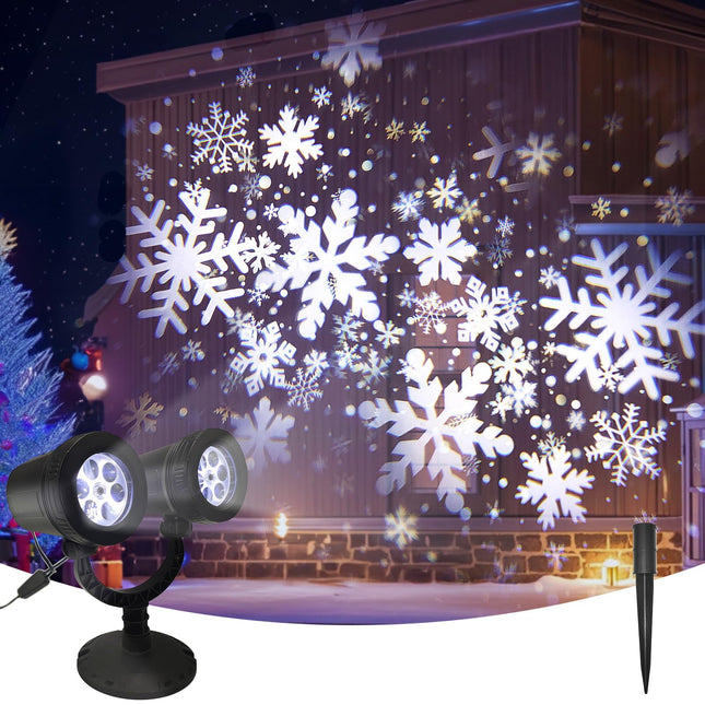 Christmas Snowflake Projector Lights Outdoor, IP65 Waterproof Plug-in LED Projector Light with Moving Snowflake & Dual-Head Design, Outside Bright Xmas Holiday Decorations for House