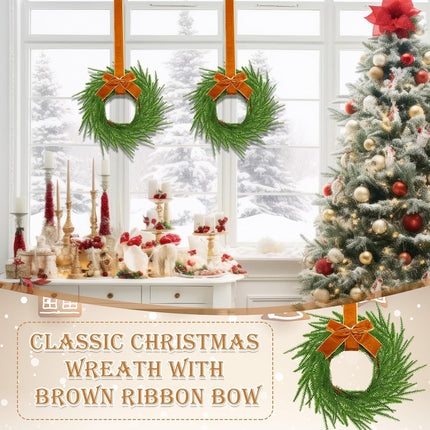 Dingion 8 Pcs Christmas Norfolk Pine Wreath Decoration Mini Christmas Kitchen Cabinet Wreaths with Brown Bow Ribbon Small Farmhouse Wreath Artificial Hanging Garlands for Xmas Porch Wall Window Decor