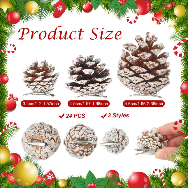 24 Pcs Pine Cone for Christmas Tree Pinecone Christmas Ornament 3 Size Pine Cone for Craft Decorating with Silver Metal Clip Rustic Pinecones Farmhouse Christmas Decoration Wreath DIY (Snow)