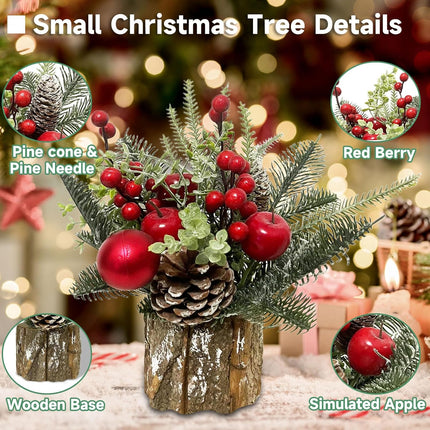 Christmas Table Decorations Small Tabletop Christmas Tree Artificial Mini Xmas Tree with Holiday Ornaments Red Berry Apple Pine Cone for Indoor Home Room Party Christmas Decor