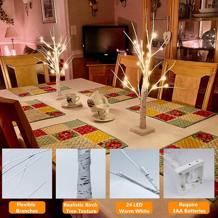 BHCLIGHT Lighted Birch Tree, 2FT 24 LED Battery Operated with Timer Tabletop Fairy Tree Lights, White Artificial Branch for Christmas Decorations,Valentine's Day, Wedding (1 Pack Birch Trees)