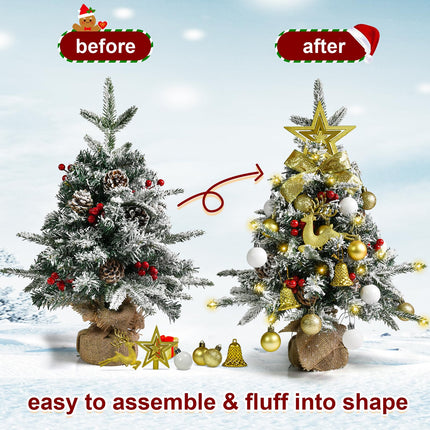 Tabletop Christmas Tree 24 Inch / 2 FT Mini Artificial Christmas Tree with 40 LED Lights, Battery Operated Small Xmas Tree for Indoor Tabletop or Desktop Decoration (White and Gold Ornament Tree)