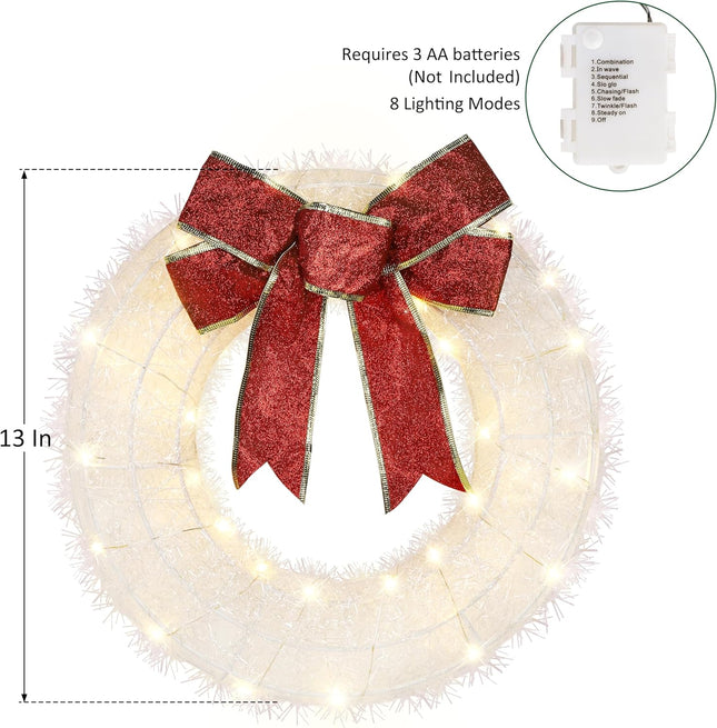 ATDAWN 2 Pcs Mini Christmas Wreath, 13 Inch Outdoor Lighted Christmas Wreath for Front Door, Xmas Wreath for Christmas Home Wall Door Decoration (White)