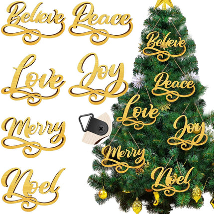 12 Pieces Christmas Wood Signs Christmas Joy Believe Peace Merry Love Noel Wood Cutout, Christmas Plate Ornament, Christmas Wreath Sign Garland Ornament, Christmas Tree Decor (Gold)
