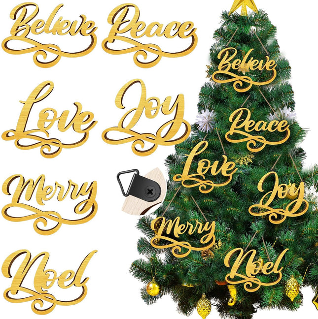 12 Pieces Christmas Wood Signs Christmas Joy Believe Peace Merry Love Noel Wood Cutout, Christmas Plate Ornament, Christmas Wreath Sign Garland Ornament, Christmas Tree Decor (Gold)