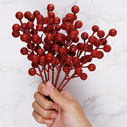 winemana 24 Pack 8 Inch Christmas Glitter Faux Winter Berry Sprigs, Artificial Sparking Red Berries Ornaments for Christmas Tree DIY Crafts Wreath Garland Decor (Red)