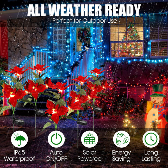 12 Pcs Solar Poinsettia Stakes Lights, IP65 Waterproof Solar Flower Lights Landscape Lighting Simulation LED Lights Suitable for Christmas Pathway Garden Yard Lawn Outdoor Decoration