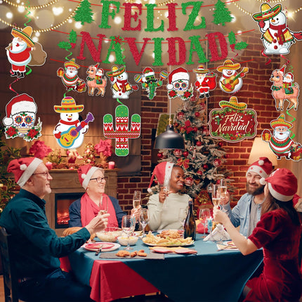 Glittery Feliz Navidad Banner Mexican Christmas Decorations Includes 1 Feliz Navidad Backdrop and 8 Hanging Swirls, Feliz Navidad Decorations for Home Office Fireplace Mantle