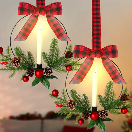 Lighted Christmas Kitchen Cabinet Wreath with Ribbon Bow Xmas Wreath LED Lights Farmhouse Artificial Cabinet Hanging Artificial Wreath Christmas Decorations for Door Wall Christmas Party