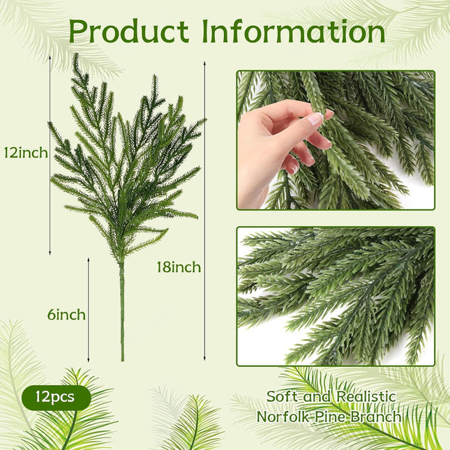 12 Pcs Norfolk Pine Branches,18 inch Faux Greenery Stems,Pine Needles Branches for DIY Garland, Wreath Christmas Decorations