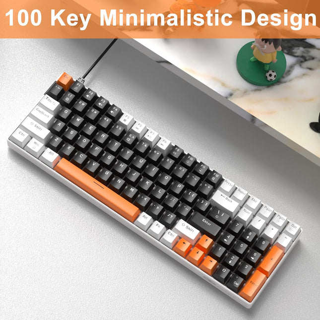 Camiysn Wired Mechanical Gaming Keyboard, 100 Keys Compact Gaming Keyboard with Number Pad LED Blue Backlit Yellow Switches Keyboard for PC Laptop, White