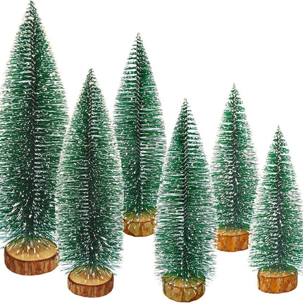 6 Pcs Mini Christmas Trees Bottle Brush Trees, Miniature Pine Christmas Tree Tabletop Mini Snow Frost Trees with Wooden Base for Christmas Holiday Decorations
