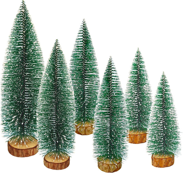 6 Pcs Mini Christmas Trees Bottle Brush Trees, Miniature Pine Christmas Tree Tabletop Mini Snow Frost Trees with Wooden Base for Christmas Holiday Decorations