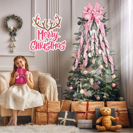 Pink Christmas Tree Topper Bow - 45'' x 13'' Large Pink Plaid Edge Ribbon Bow for Tree & Wreath - Rustic Christmas Tree Decor, Pink Buffalo Plaid Bow Wreath for Christmas Decorations