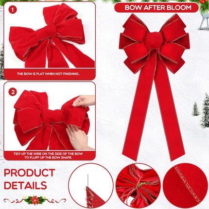 12 Pcs Large Christmas Red Bows Big Red Bow with Gold Edge Handmade Velvet Wreath Bow for Xmas Home Front Door Tree Topper Indoor Outdoor Wrapping Decoration, 15 x 44 Inch and 10 x 26 Inch