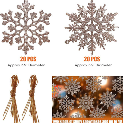 RECUTMS 40Pcs Plastic Snowflake Ornaments Christmas Glitter Snowflakes Hanging Crafts for Wedding Birthday Home Xmas Tree Window Door Accessories,4 Inches,2 Pattern (Champagne)