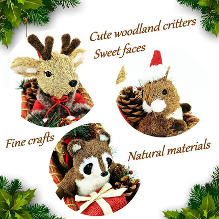 Nature Vibe 12.2 Inches Birch Logs Christmas Sleigh Decor,Sisal Woodland Animals Figurines in Sleigh Car with Box and Santa Sack as Christmas Table Decor, Fireplace Decor