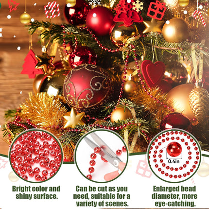 Christmas Tree Beads, 50ft Christmas Tree Garland Beads, Artificial Pearls Beads, Red Plastic Beaded Garland for Xmas Tree Indoor Outdoor Home Party Decorations
