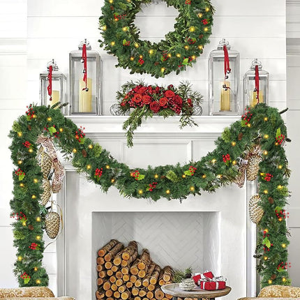 9 FT Christmas Garland with Lights, Battery Operated Garland with 50 LED Lights, Christmas Decoration for Home Stairs Fireplace Front Porch Door Display Indoor Outdoor