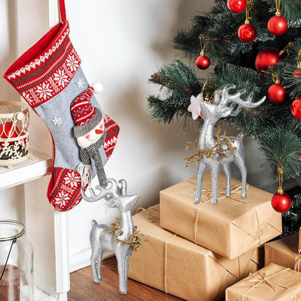 2 pcs Reindeer Christmas Decorations, Silver Christmas Reindeer Figurines with Gold Eucalyptus Garland, Indoor Deer Décor Christmas Table Centerpieces Decorations