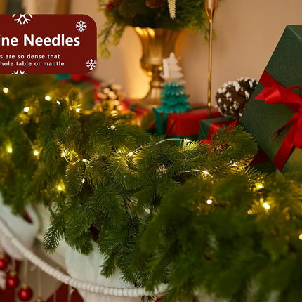 6FT Christmas Garland PARTY JOY Pine Garland with 9.8FT LED Lights String, Greenery Plant for Christmas Decorations Table Mantle Background Wall Room Outdoor Indoor Winter Decoration