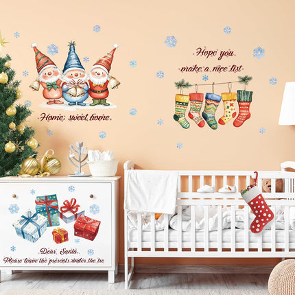 Christmas Gnome Wall Decals Peel and Stick, Boxes Stockings Wreaths Wall Stickers, Christmas Wall Decor Art for Kids Bedroom Living Room Party Door Window Shop Decoration