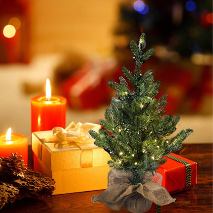 MorTime 24 Inch Mini Artificial Christmas Tree with 50 LED Lights, 2 ft Table Top Christmas Pine Tree 29 Tips with Burlap Wooden Base, Christmas Winter Home Decorations