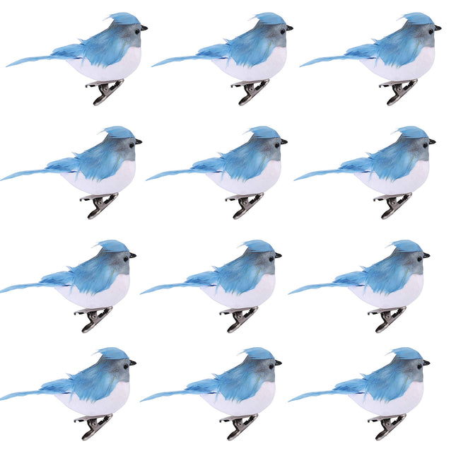 12pcs Artificial Blue Christmas Ornaments with Clip and Real Birds Tail Feathers,Light Blue Bird Feather Craft Decoration for Christmas Tree Decor