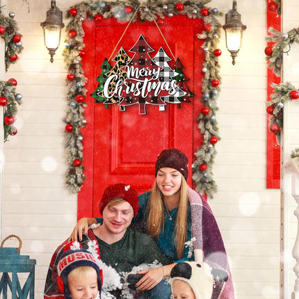BBTO Merry Christmas Door Sign Buffalo Plaid Tree Wood Decor Farmhouse Hanging Plaque for Porch Xmas Front Outdoor Home Decor(Tree Style)