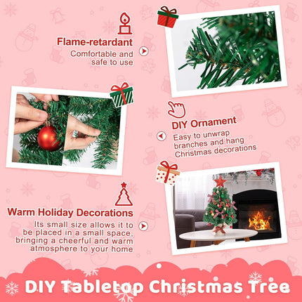 24In Tabletop Christmas Tree, Mini Christmas Tree with 35 LED Lights DIY Ornaments Star Treetopper, Small Xmas Artificial Tree for Holiday Indoor Christmas Decoration (Classic Red)