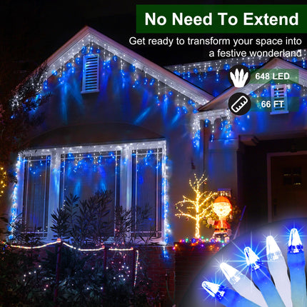 648 LED Outdoor Christmas Lights with 144 Drops, 66ft Christmas Fairy Lights with 8 Modes Timer, Christmas Twinkly Lights IP44 Waterproof for Eaves Yard Holiday Wedding Party Decor(Blue & Cool White)