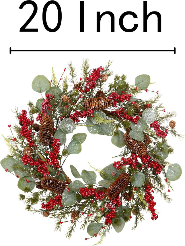 VGIA 20 Inch Christmas Wreath for Front Door Artificial Winter Wreath with Eucalyptus Leaves Pine Cones Red Berry Door Wreath with Artificial Snow for Indoor Outdoor Christmas Decorations