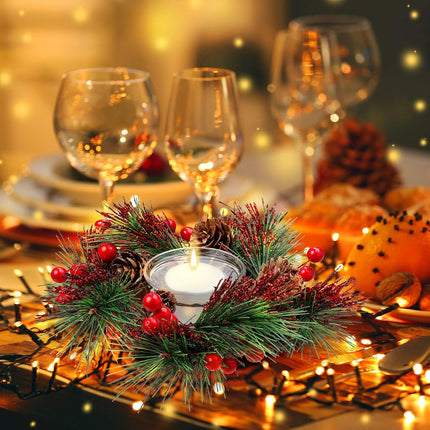 8 Pieces Christmas Candle Holders Glass Tealight Candle Rings, 4 Pieces Christmas Votive Candle Holders Berry Ring with Pinecones and 4 Pieces Votive Candle Holders for Wedding Christmas Decor